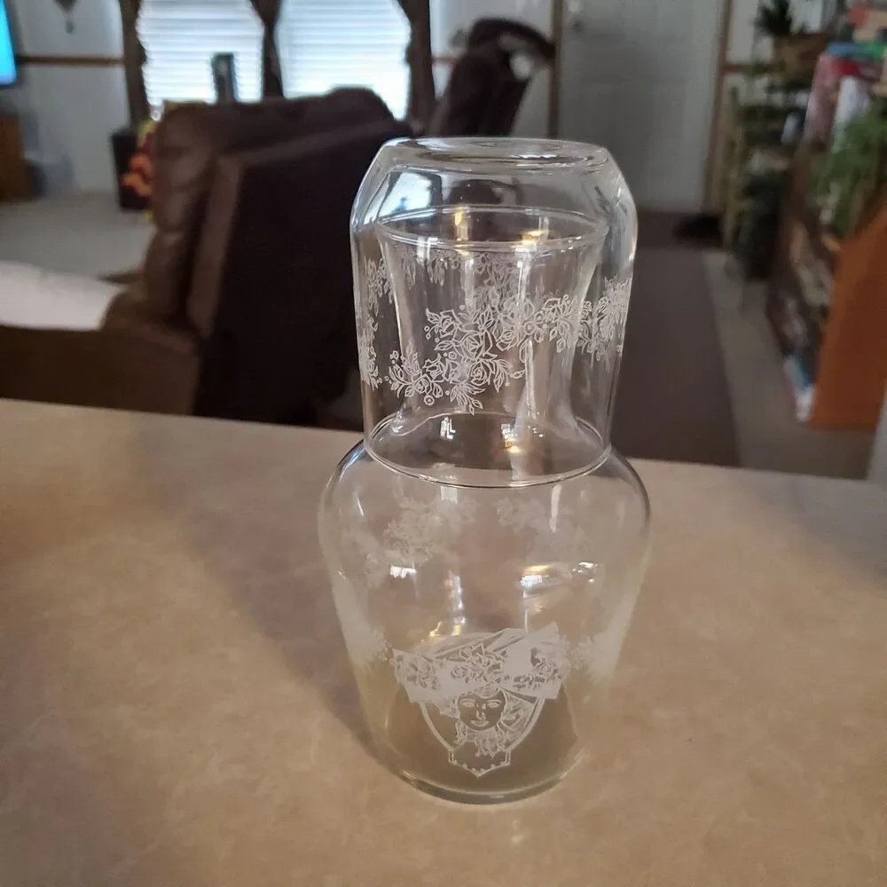 VTG Clear Glass Etched Bedside Carafe Decanter Water Glass Tumbler Set